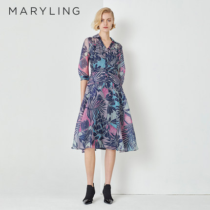 MARYLING玛俪琳春夏季V领衬衣式桑蚕丝印花连衣裙A1DBW61680