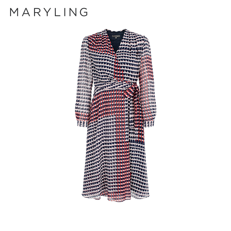 MARYLING粉黑红千鸟格印花连衣裙