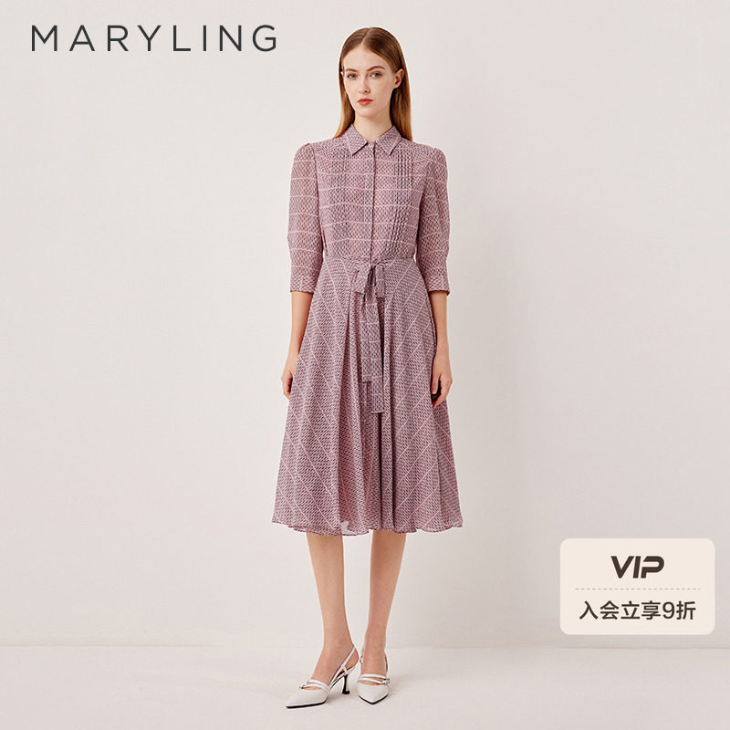 MARYLING玛俪琳2025秋季新品翻领粉色格纹系带连衣裙A1