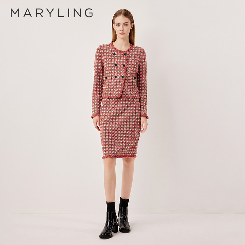 MARYLING玛俪琳2025秋季新品粉调摩卡格纹包臀针织半裙A