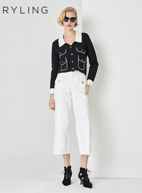 MARYLING玛俪琳春秋新品黑白配纽扣口袋针织开衫A1DBW08900