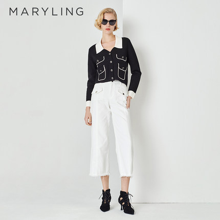 MARYLING玛俪琳春秋新品黑白配纽扣口袋针织开衫A1DBW08900
