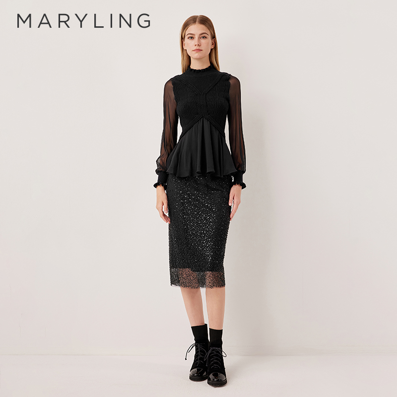 MARYLING针织拼接薄纱泡泡袖上衣