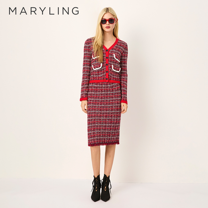 MARYLING红白黑格纹针织开衫