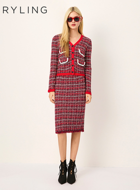 MARYLING玛俪琳2025春新品红白格纹V领粗花呢针织开衫A1FAW08110