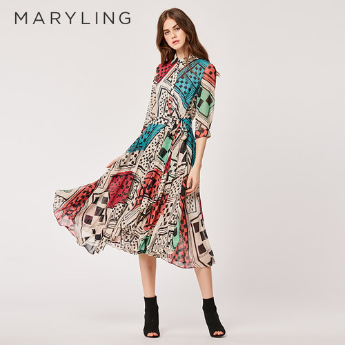 MARYLING玛俪琳2021春季几何印花收腰荷叶边衬衫连衣裙A1BB65750