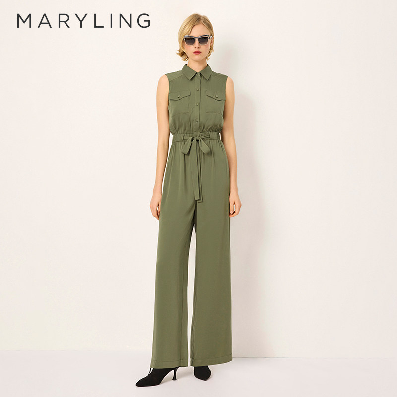 MARYLING玛俪琳2025夏季新品橄榄绿高级感衬衫领连体裤A
