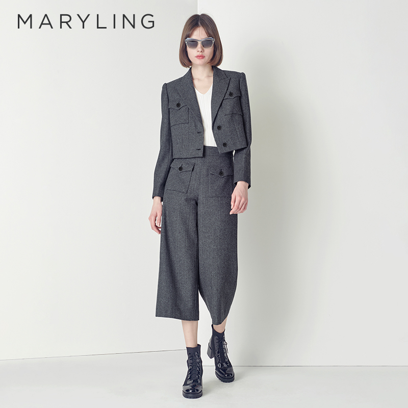 MARYLING黑白人字尼纹羊毛短外套