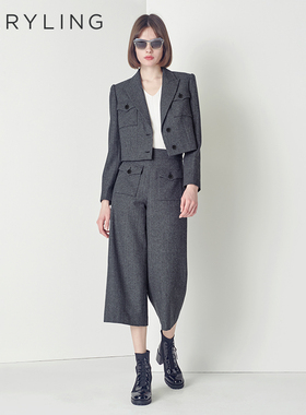 MARYLING玛俪琳秋季黑白人字尼纹羊毛短外套A1CGW14220