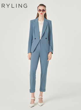 MARYLING玛俪琳春季新品雾蓝色戗驳领收腰西装外套A1EBW14280