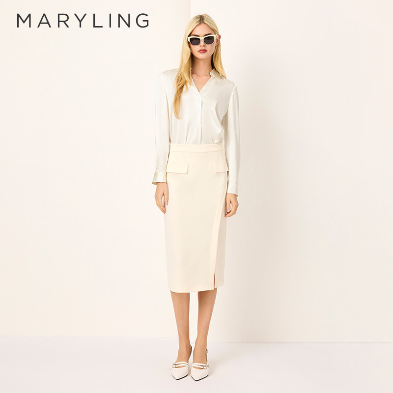 MARYLING玛俪琳2025初春新品米白色V领真丝衬衣A1FA