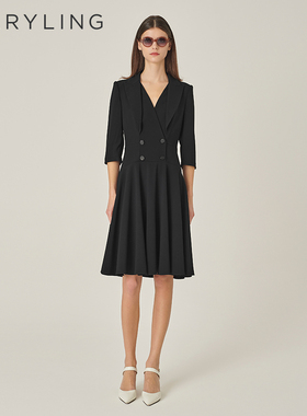 MARYLING玛俪琳春秋新品黑色西装V领A摆连衣裙A1EFW61500