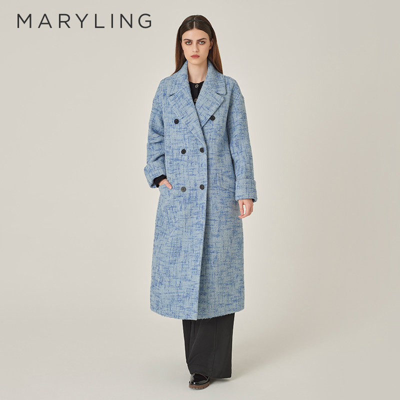 MARYLING玛俪琳秋季新品梦幻粉蓝粗花呢羊毛大衣A1EGW9