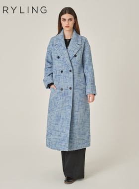 MARYLING玛俪琳秋季新品梦幻粉蓝粗花呢羊毛大衣A1EGW93110