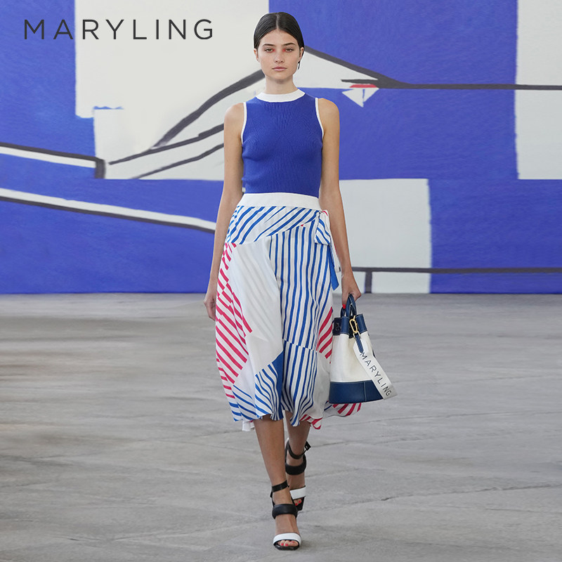 MARYLING玛俪琳夏季航海风不对称绑带印花半身裙 A1CCW