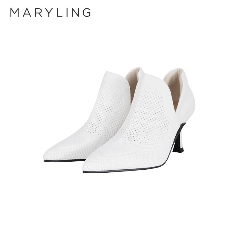 MARYLING白色针织拼接高跟浅靴