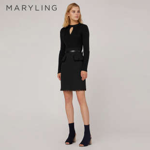 MARYLING玛俪琳春秋蓝黑撞色镂空高腰针织连衣裙A1CAW61410