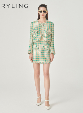 MARYLING玛俪琳春季新品米绿格纹粗花呢小A半身裙A1EBW70220