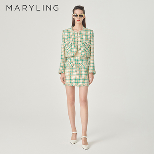 MARYLING玛俪琳春季 米绿格纹粗花呢小A半身裙A1EBW70220 新品
