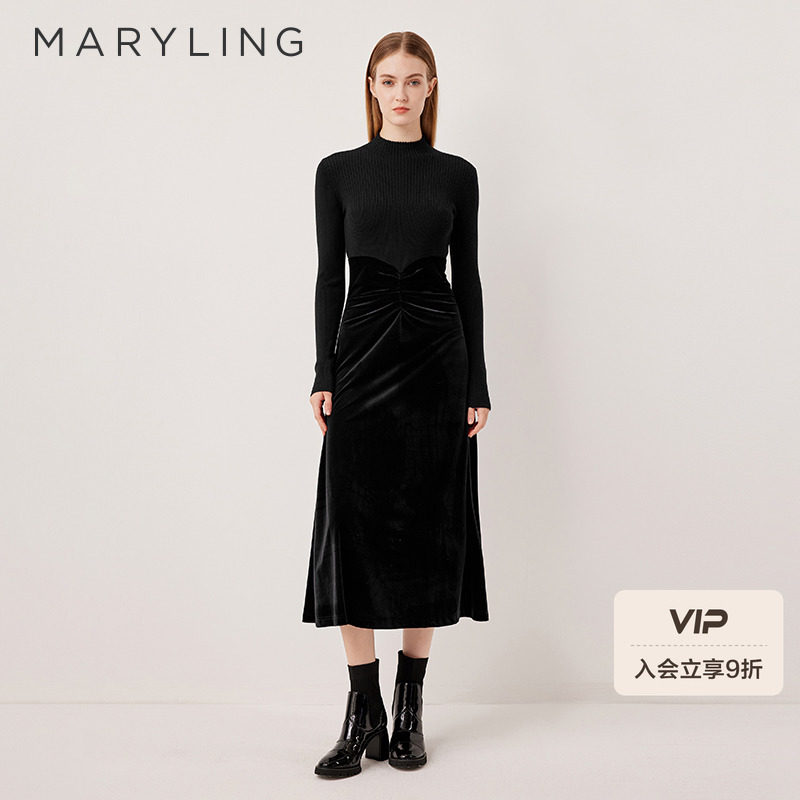 MARYLING玛俪琳2025秋季新品黑色轻礼服拼接褶皱连衣裙A