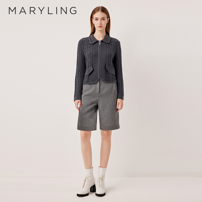 MARYLING玛俪琳2025秋冬新品复古翻领碳灰色针织开衫A1FHW08480