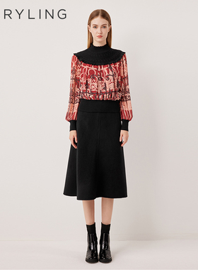 MARYLING玛俪琳2025冬季新品黑色花边拉夫领针织上衣A1FHW26400