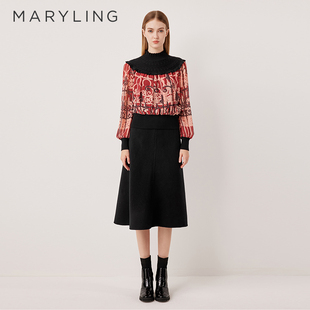 MARYLING玛俪琳2025冬季新品黑色花边拉夫领针织上衣A1FHW26400