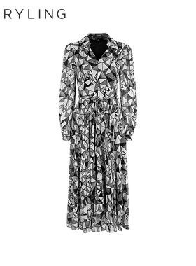 MARYLING玛俪琳春新品【仿古玻璃】V领印花连衣裙A1EAW61070