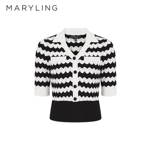 MARYLING黑白撞色高腰V领针织衫