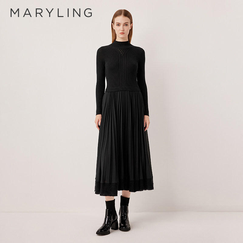 MARYLING玛俪琳秋季新品半高领A字长袖针织连衣裙A1FGW61760