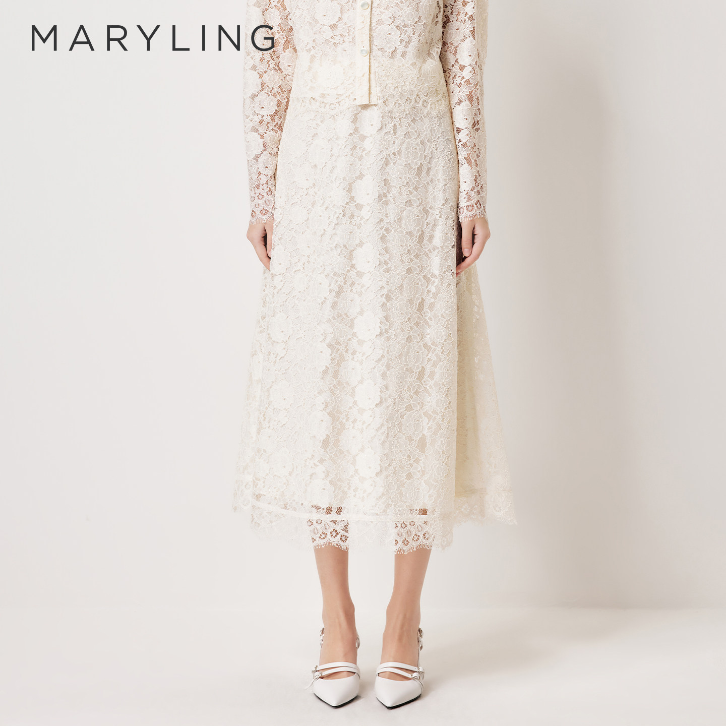 MARYLING玛俪琳2026夏新品米白色重工蕾丝A字高腰半裙A1GCW72600