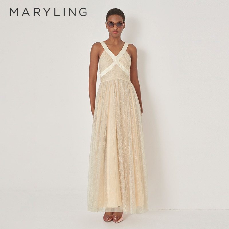 MARYLING玛俪琳初秋新品香槟色V领吊带式蕾丝礼服裙A1DG