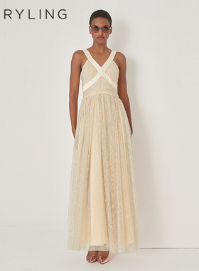 MARYLING玛俪琳初秋新品香槟色V领吊带式蕾丝礼服裙A1DGW68070