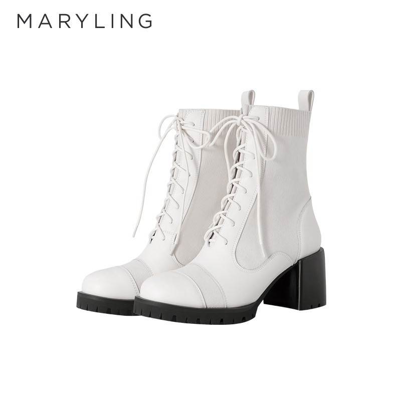 MARYLING玛俪琳秋季新品真皮拼接针织女靴A8DFWSB002