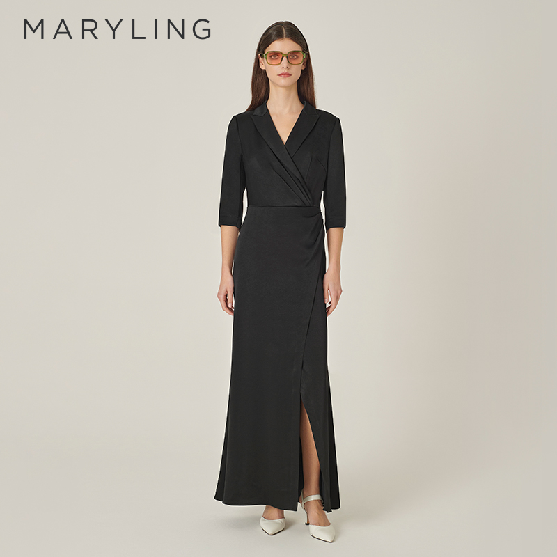 MARYLING黑色尖翻领礼服裙