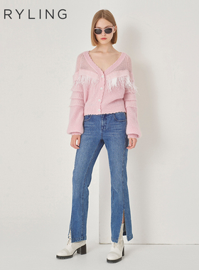 MARYLING玛俪琳初秋新品丹宁蓝下摆开叉微喇牛仔裤A1DFW56030