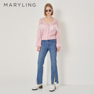 MARYLING玛俪琳初秋新品 A1DFW56030 丹宁蓝下摆开叉微喇牛仔裤