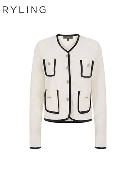 MARYLING玛俪琳春季新品白色撞色边口袋针织开衫A1EBW09160