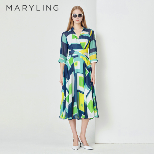MARYLING玛俪琳春秋新品 彩色拼图V领大摆印花连衣裙A1DBW62770