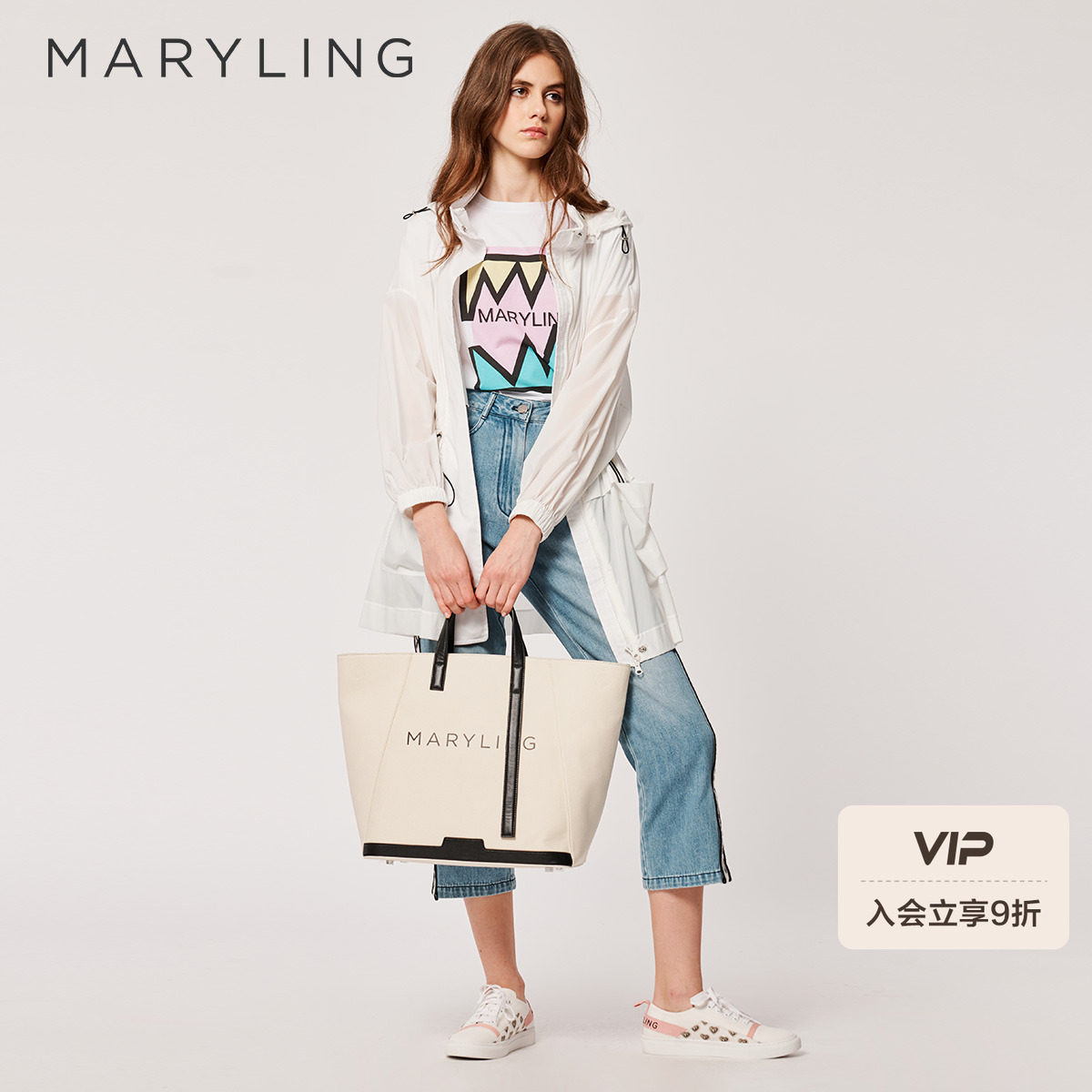 MARYLING玛俪琳2022秋季帆布托特包牛皮肩带印花单肩包A