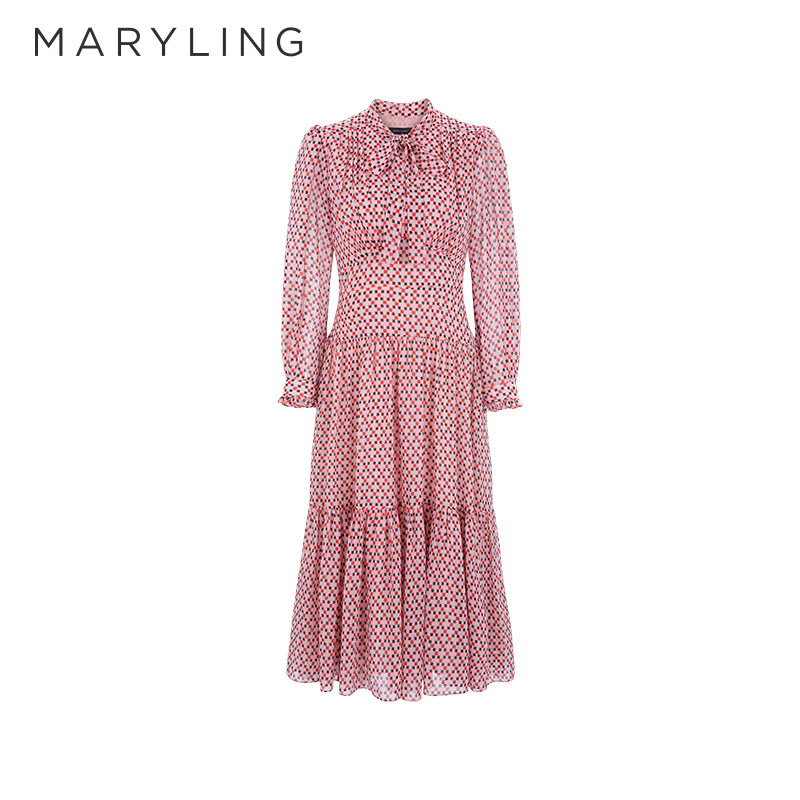 MARYLING玛俪琳春季粉色千鸟格领带收腰长袖连衣裙A1DBW61190