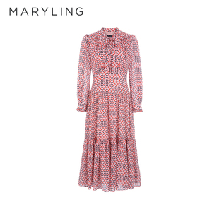 MARYLING玛俪琳春季粉色千鸟格领带收腰长袖连衣裙A1DBW61190