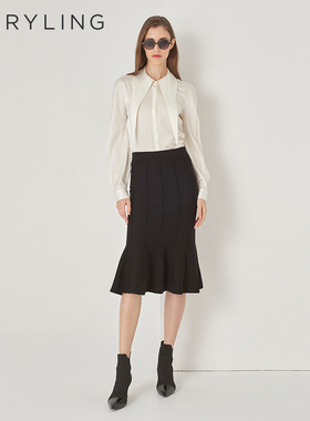 MARYLING玛俪琳秋季新品米白色剪刀领收身真丝缎衬衫A1DGW20290