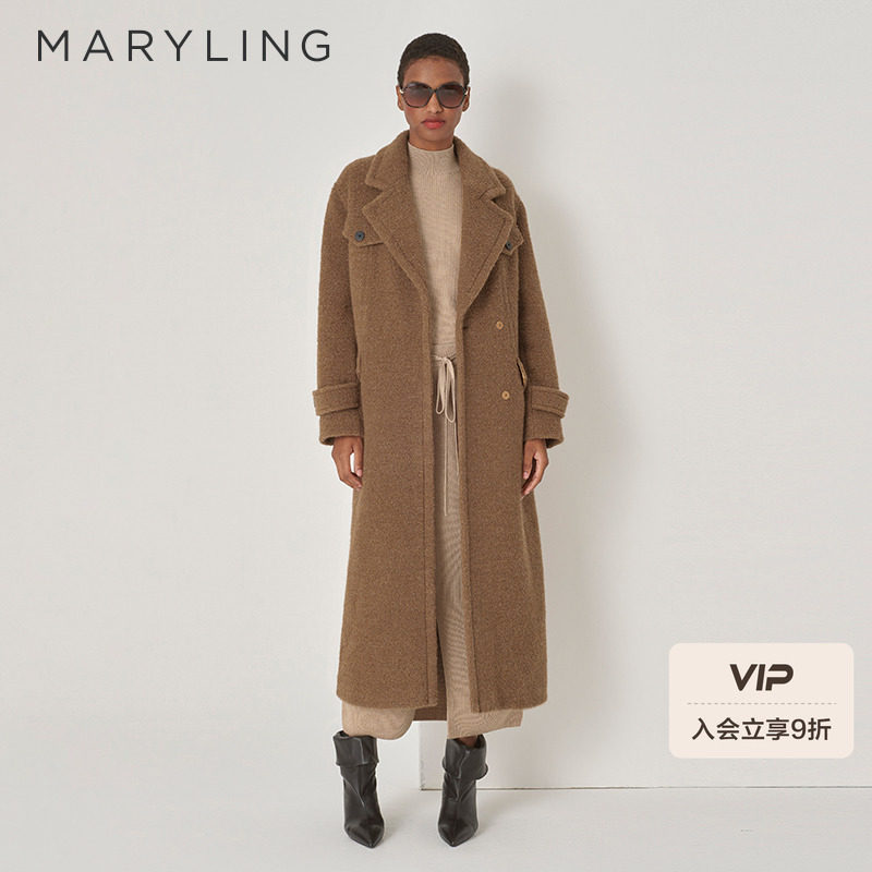 MARYLING玛俪琳秋冬新品驼色翻领钮扣毛呢大衣外套A1DHW