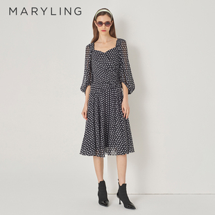 MARYLING玛俪琳初秋新品 方领波点连衣裙A1DFW61220 黑白森林法式