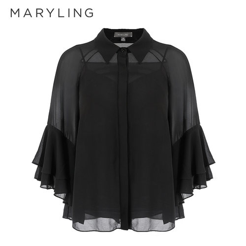 maryling衬衫微透视荷叶边两件套