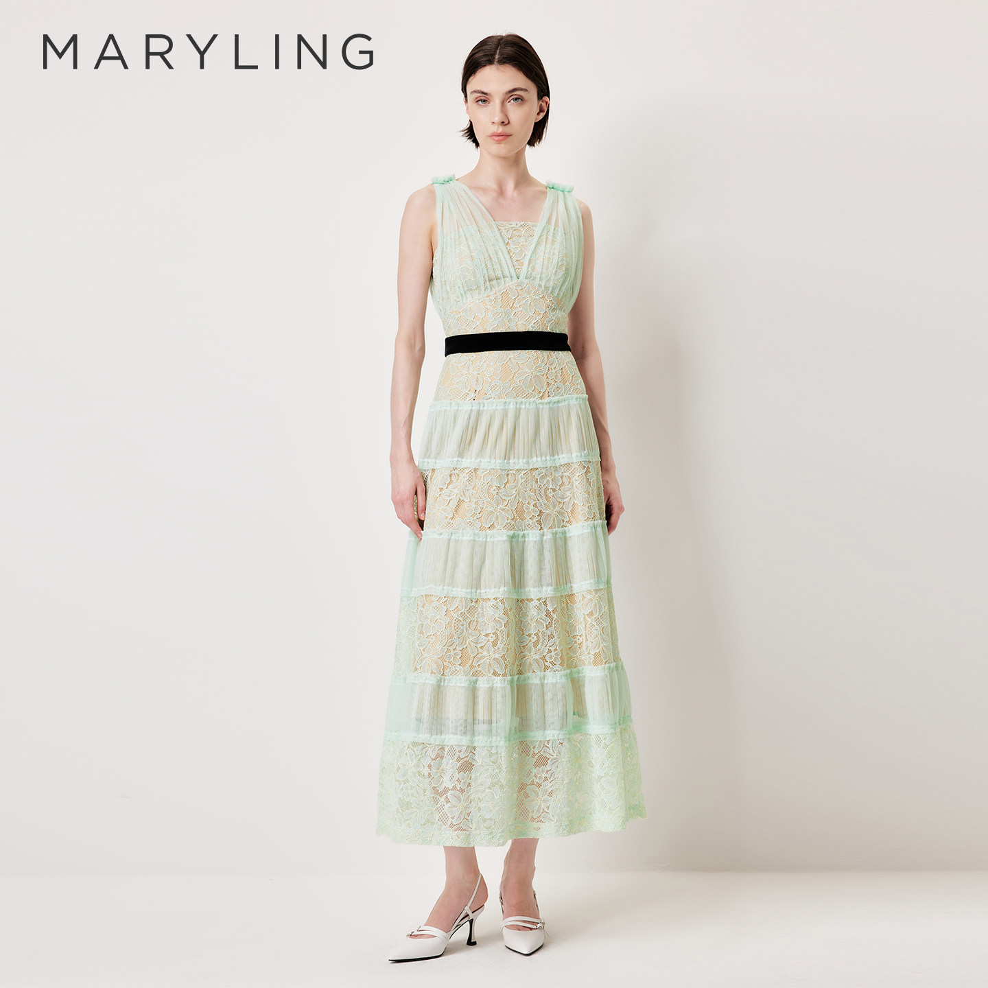 MARYLING玛俪琳2026春季新品V领蕾丝网纱收腰长礼服裙A