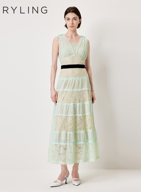 MARYLING玛俪琳2026春季新品V领蕾丝网纱收腰长礼服裙A1GAW68010