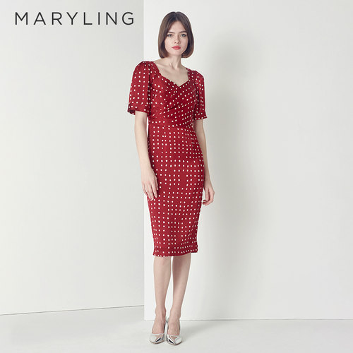 MARYLING摩登红色波点连衣裙