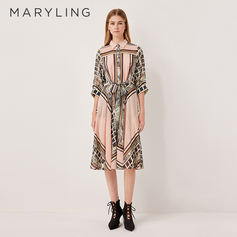 MARYLING撞色翻领系带连衣裙